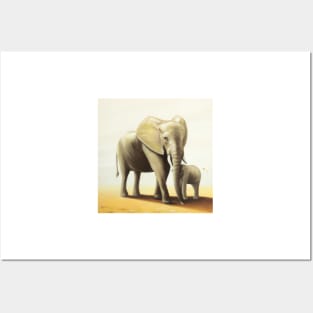 Elephant with baby taking a stroll Posters and Art